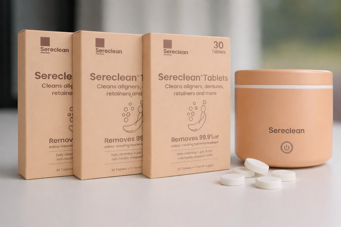 3 packs of Sereclean cleaning tablets (3 months supply) and Sereclean Pod in nude