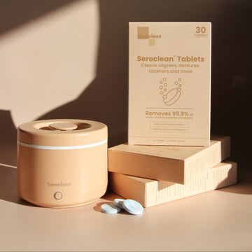 beige sereclean ultrasonic retainer cleaning pod with 3 boxes of retainer cleaning tablets